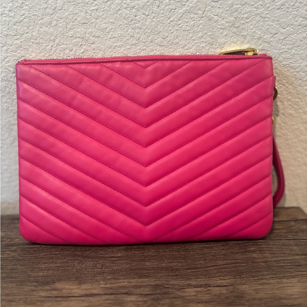 Saint Laurent YSL Pink Chevron Quilted Cassandre Clutch Wristlet Handbag - Picture 6 of 13
